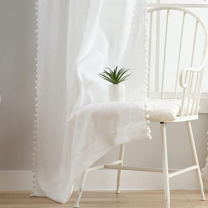 1 Panel White Pompom Semi-Sheer Sheer Curtains
