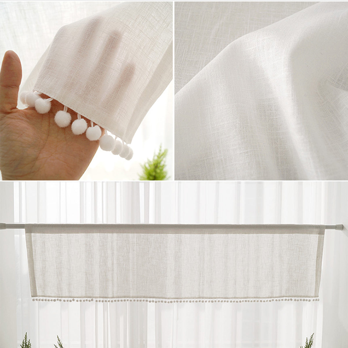 1 Panel Pompom Rod Pocket Überschrift Fenster Kurzer Sheer Tier Vorhang