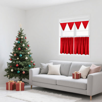Weihnachtliches 3er-Set Kurzgardinen mit Pompoms – Rote Dekogardinen für Küche und Wohnzimmer
