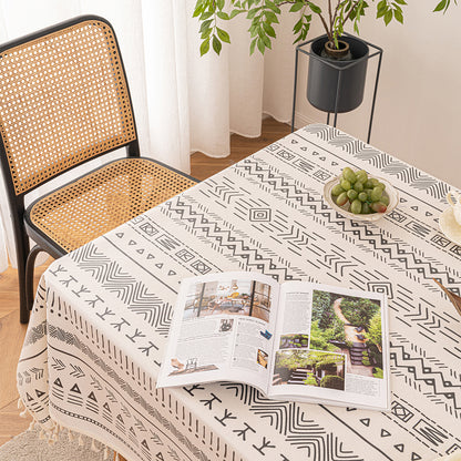 Boho tablecloth with tassels, waterproof, cotton linen, geometric pattern