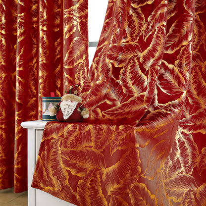 Rideaux de Noël en velours avec feuille d'or · Occultants · Rouge/Vert · 2 pièces