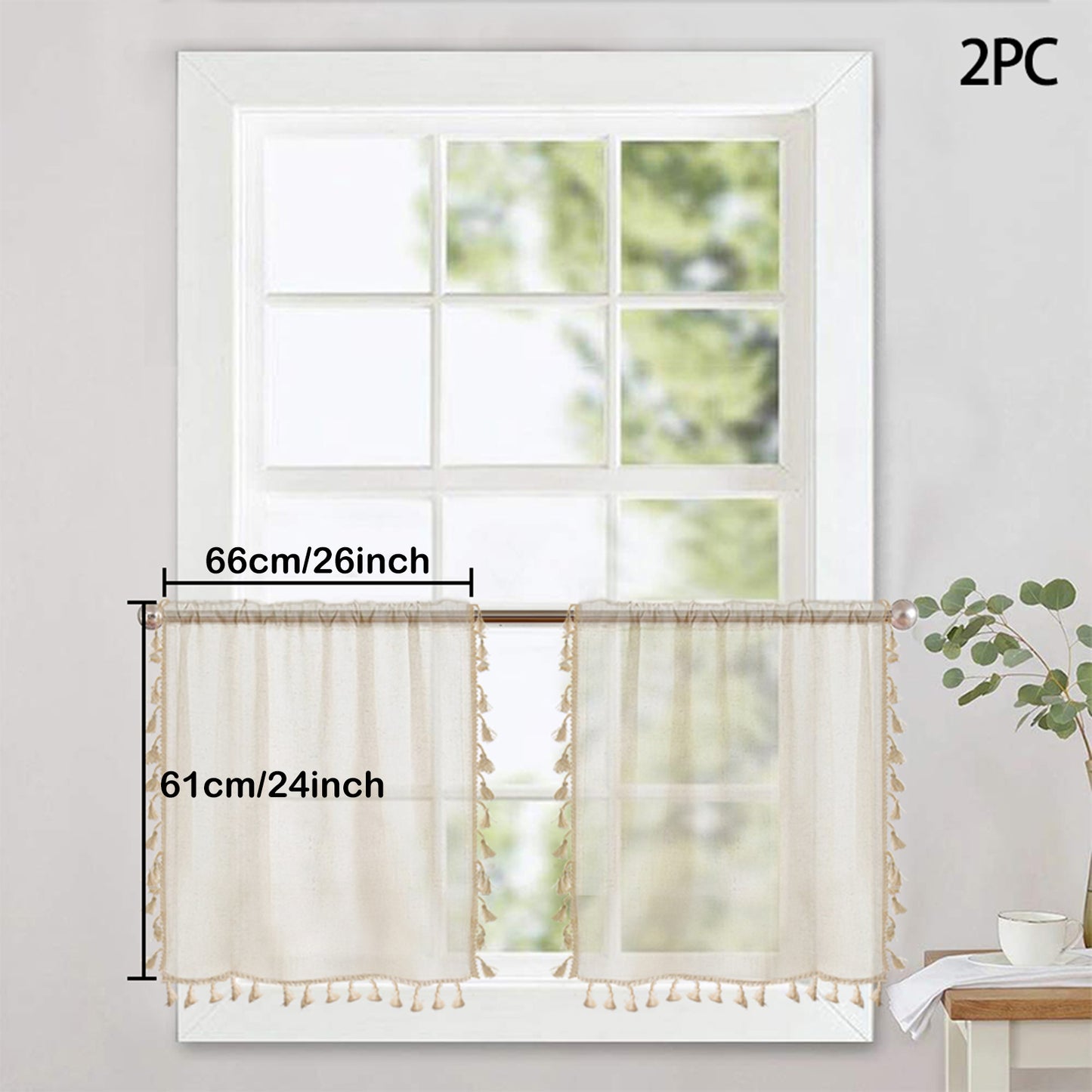 1 Panel Cream Tassels Window Tier Short Curtains