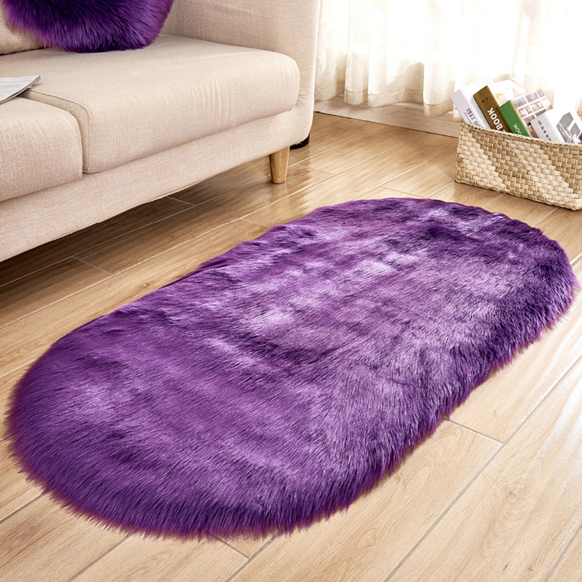 Soft shaggy rug with long pile, oval, fluffy faux fur rug