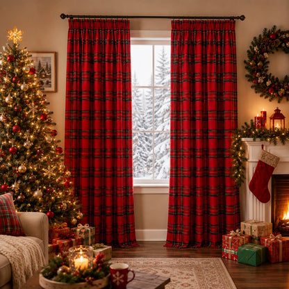 2 rideaux de Noël à carreaux tartan, semi-transparents et avec bande multifonctionnelle
