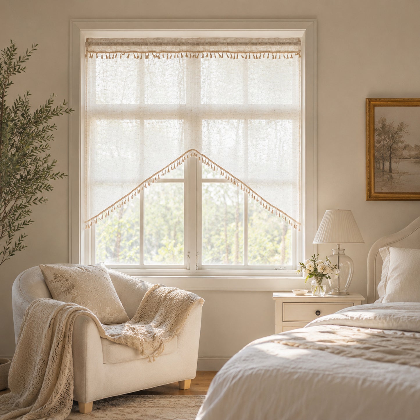 Arched cafe curtain in a linen blend with tassels in a country style