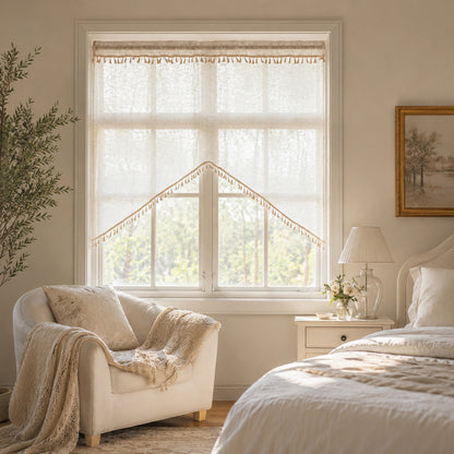 Arched cafe curtain in a linen blend with tassels in a country style
