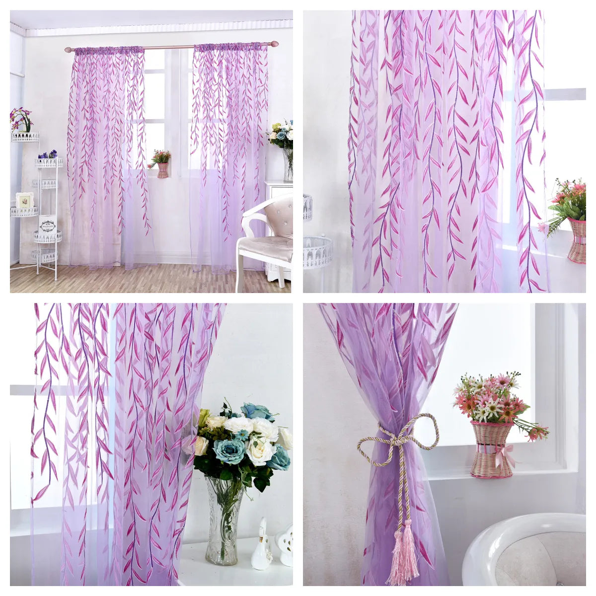 1 Panel Leaves Willow Printed Window Sheer Curtains