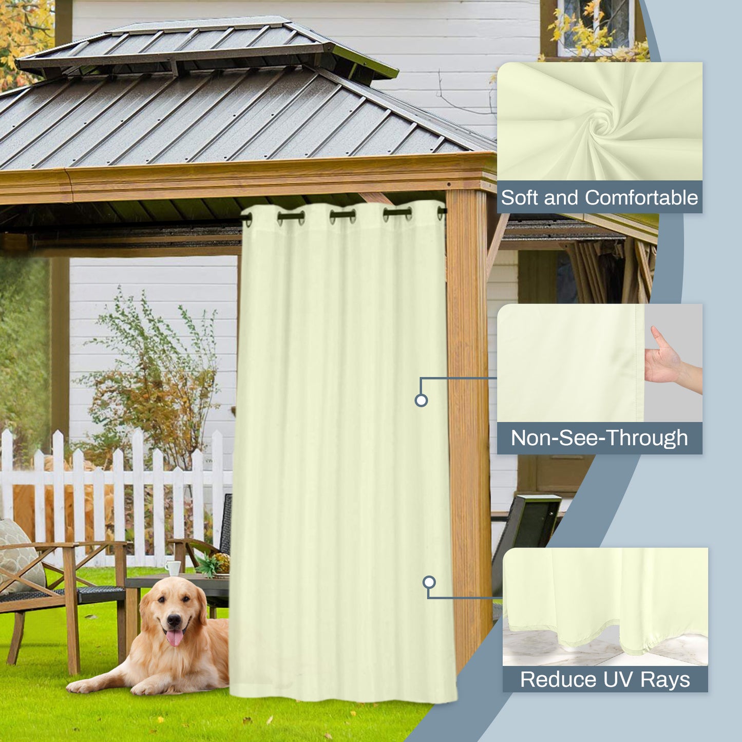 Semi-transparent, water-repellent outdoor curtain with eyelets for patio and balcony