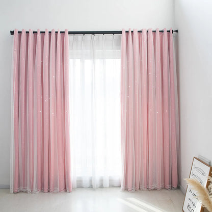 Blackout curtain with double-layered tulle, cut-out stars and silver print – 1 piece