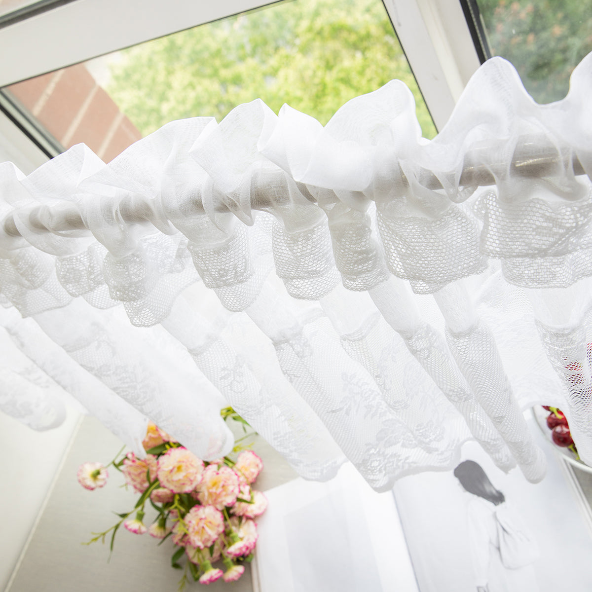 1 Panel Floral Lace Window Short Tier Curtains