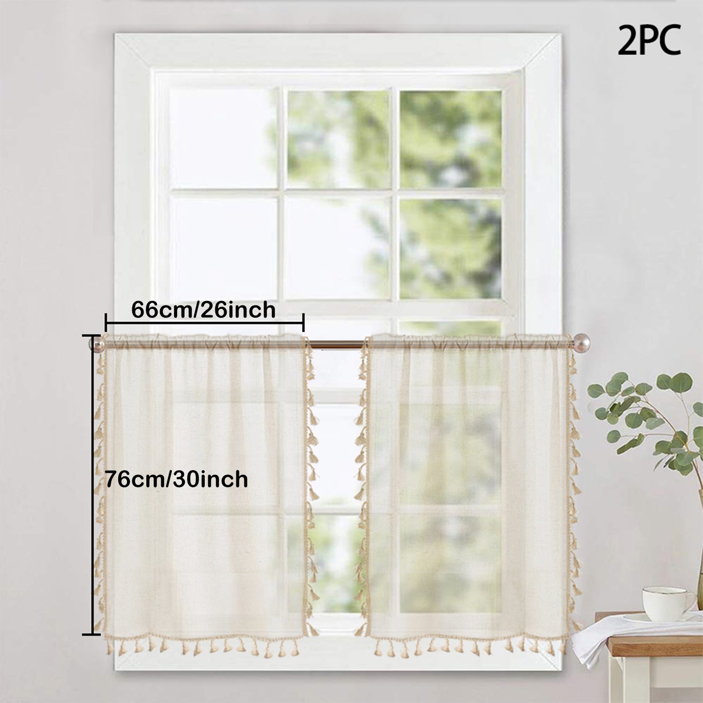 1 Panel Cream Tassels Window Tier Short Curtains