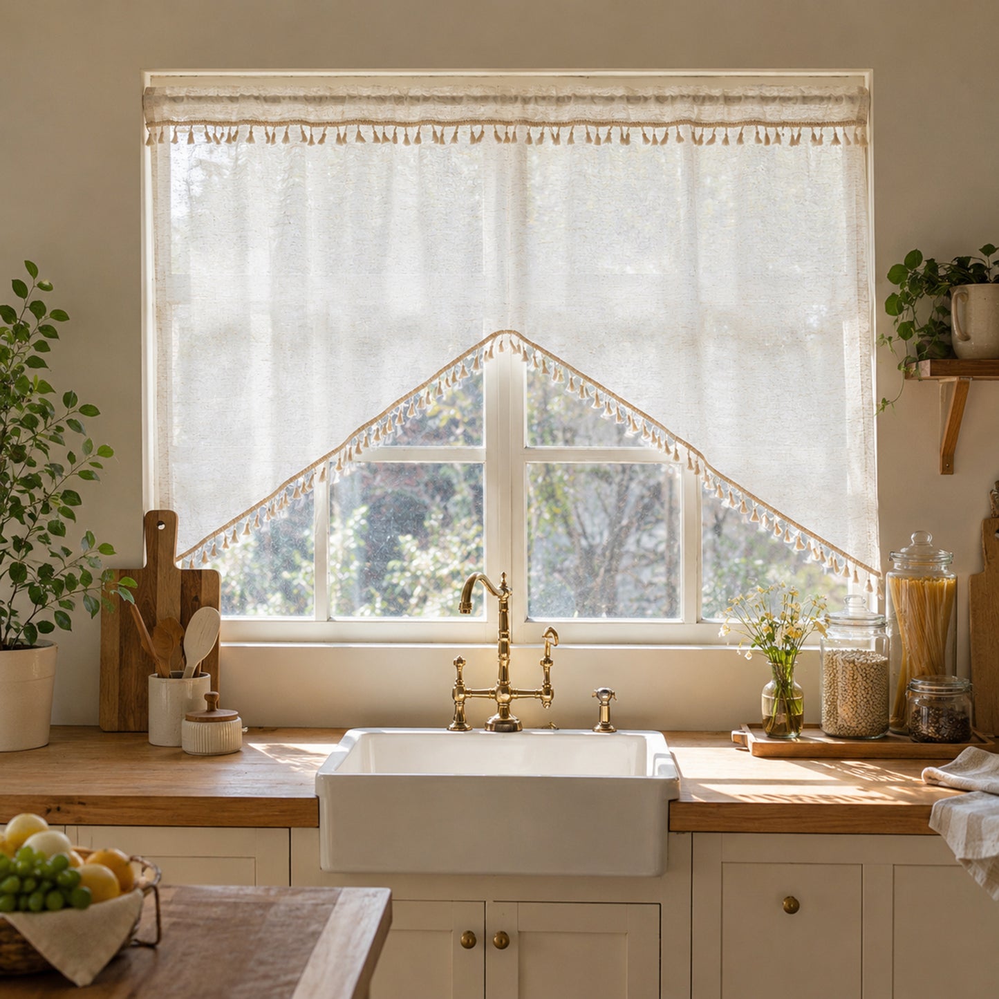 Arched cafe curtain in a linen blend with tassels in a country style
