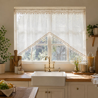 Arched cafe curtain in a linen blend with tassels in a country style