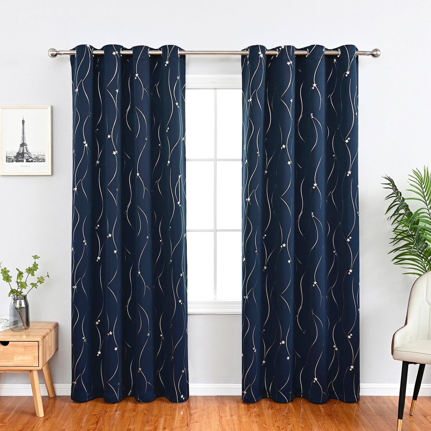 Silver Stamping Star Curtains, 1 Panel, Navy, 132*164cm/132*183cm/132*214cm
