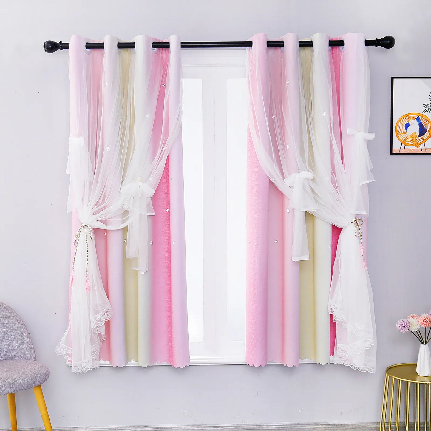Blackout curtain with tulle and ombre stars – double layered, 1 piece