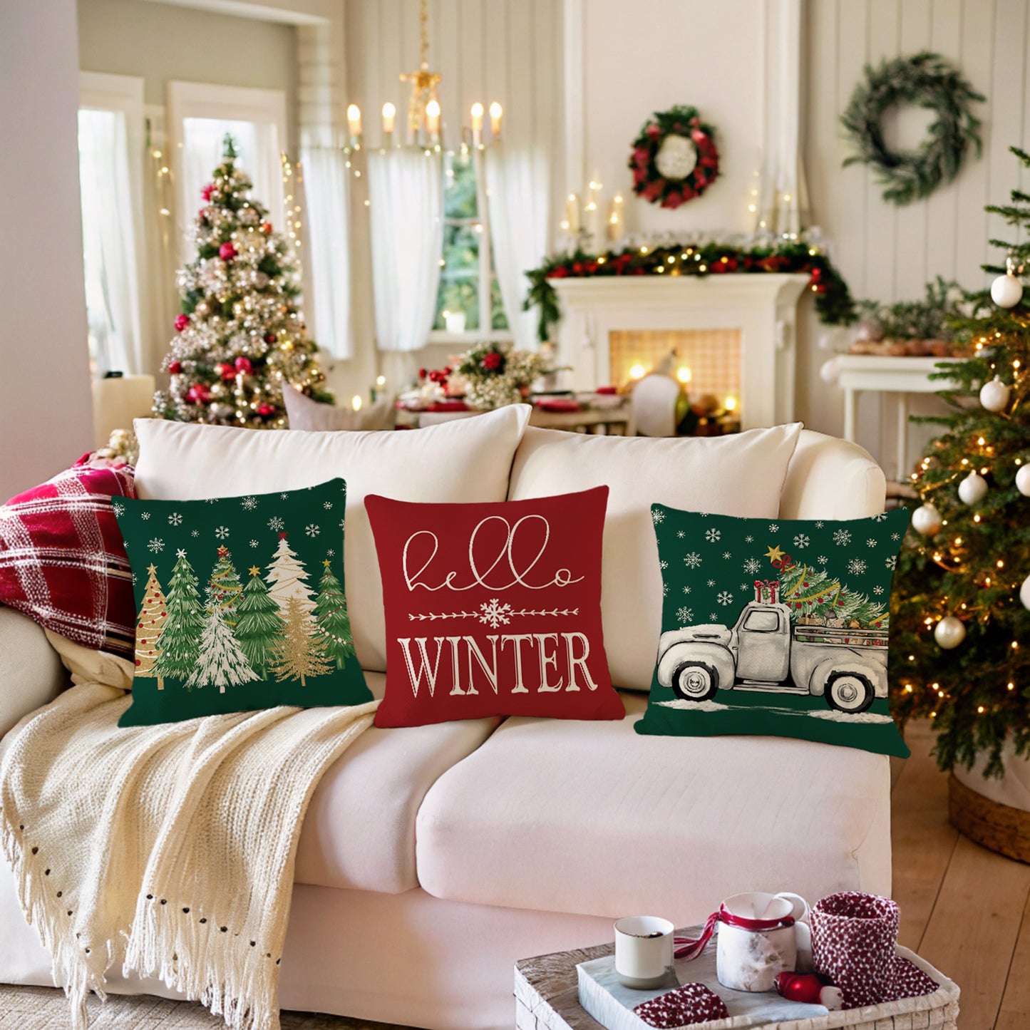 4er-Set Weihnachts-Kissenbezüge aus Leinen – Softe Dekokissen für Sofa und Bett (45×45 cm)