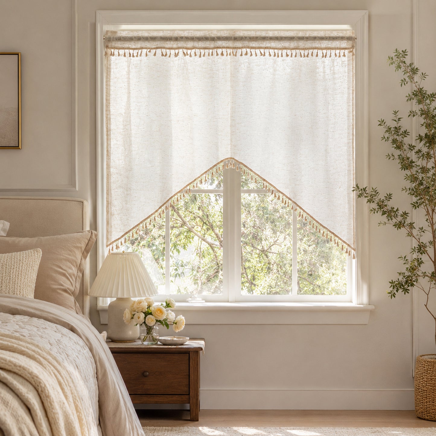 Arched cafe curtain in a linen blend with tassels in a country style