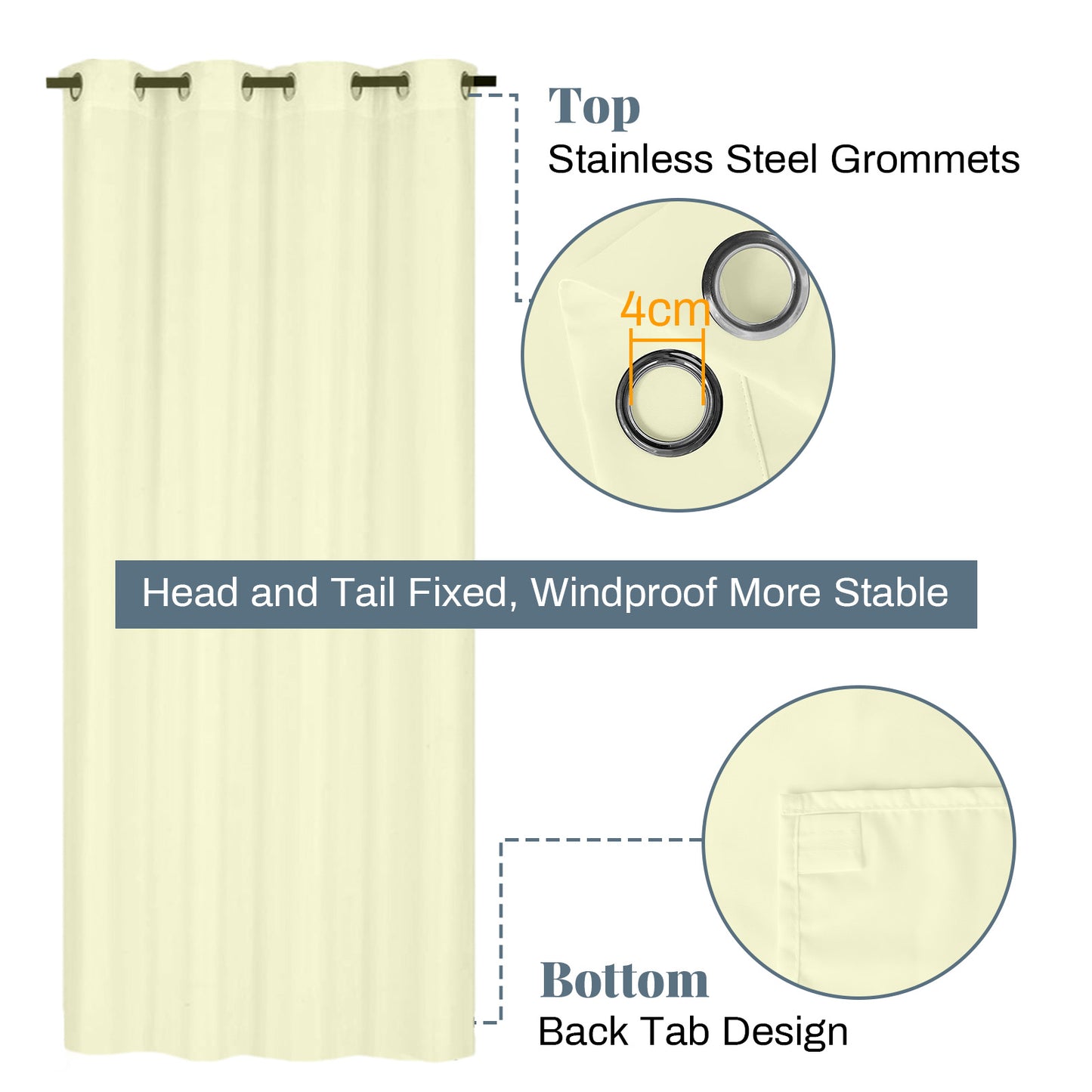 Semi-transparent, water-repellent outdoor curtain with eyelets for patio and balcony