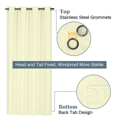 Semi-transparent, water-repellent outdoor curtain with eyelets for patio and balcony
