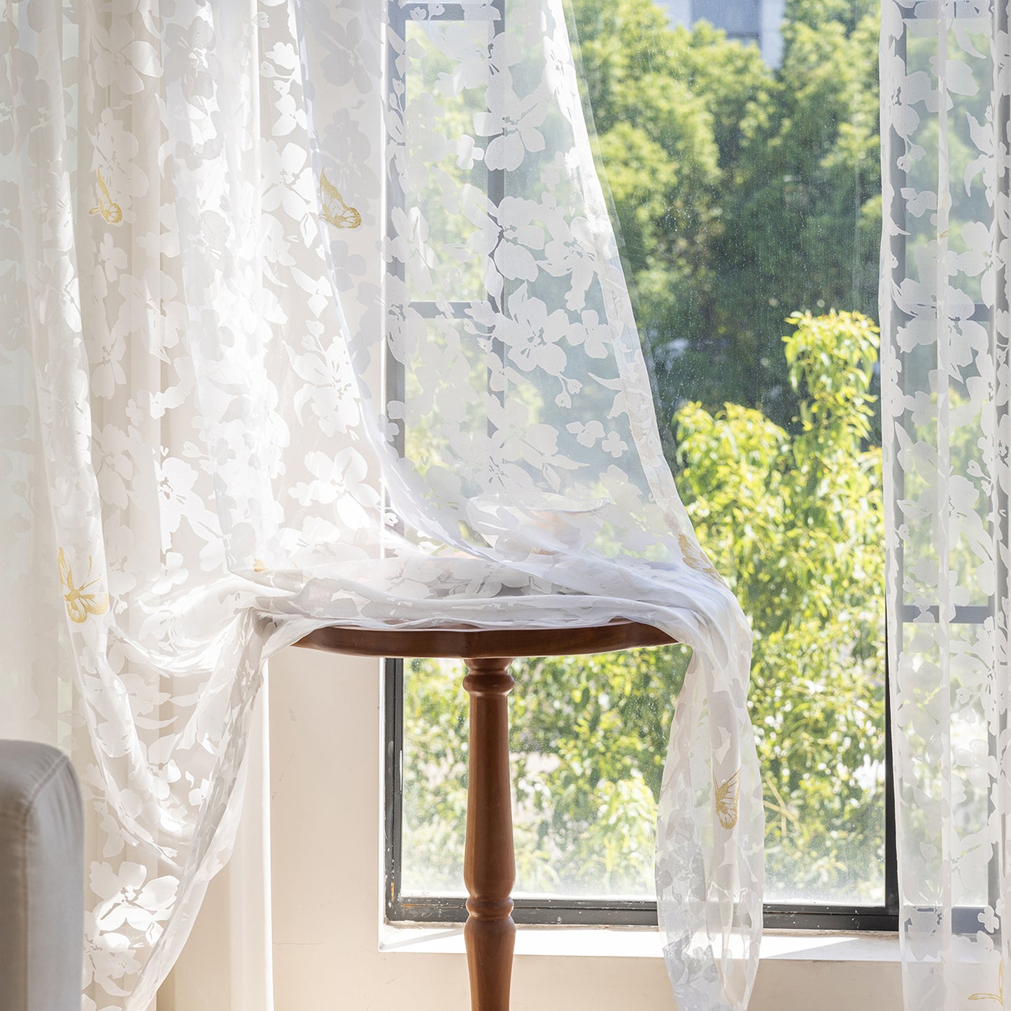 2 rideaux en voile jacquard à motif de feuilles et œillets