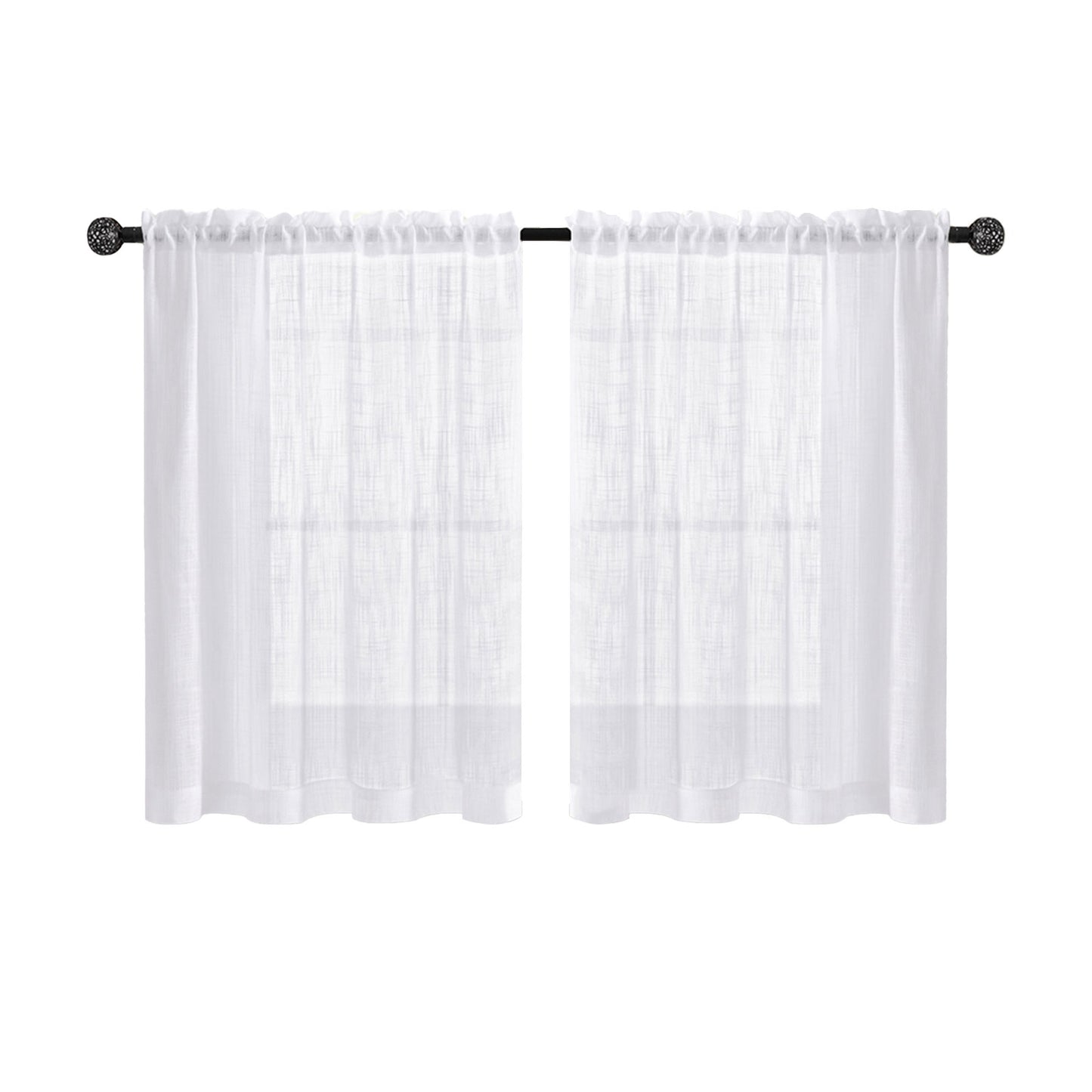 2 Short Linen-Look Sheer Curtains with Rod Pocket for Kitchen Bathroom Window
