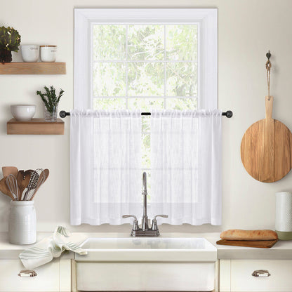 2 Short Linen-Look Sheer Curtains with Rod Pocket for Kitchen Bathroom Window