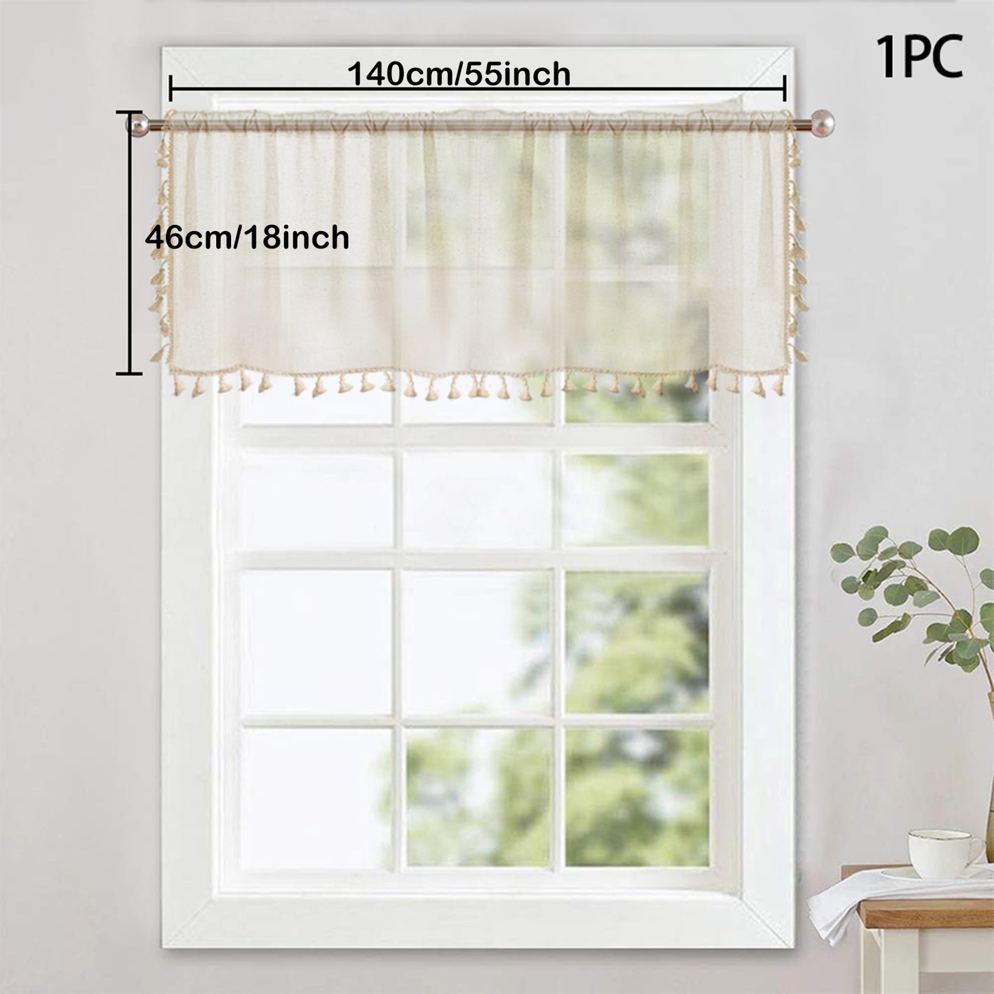 1 Panel Cream Tassels Window Tier Short Curtains