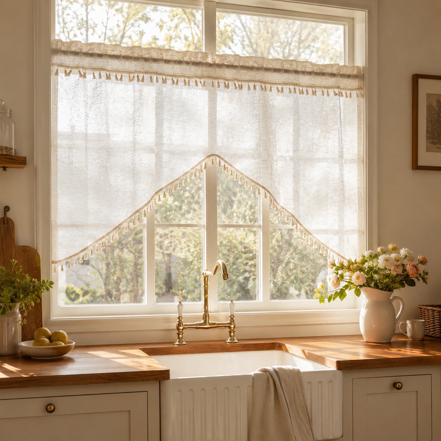 Arched cafe curtain in a linen blend with tassels in a country style