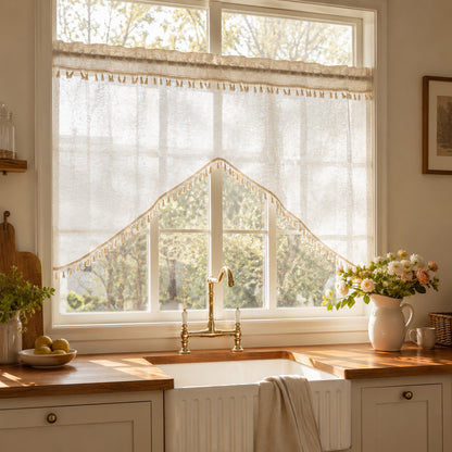 Arched cafe curtain in a linen blend with tassels in a country style