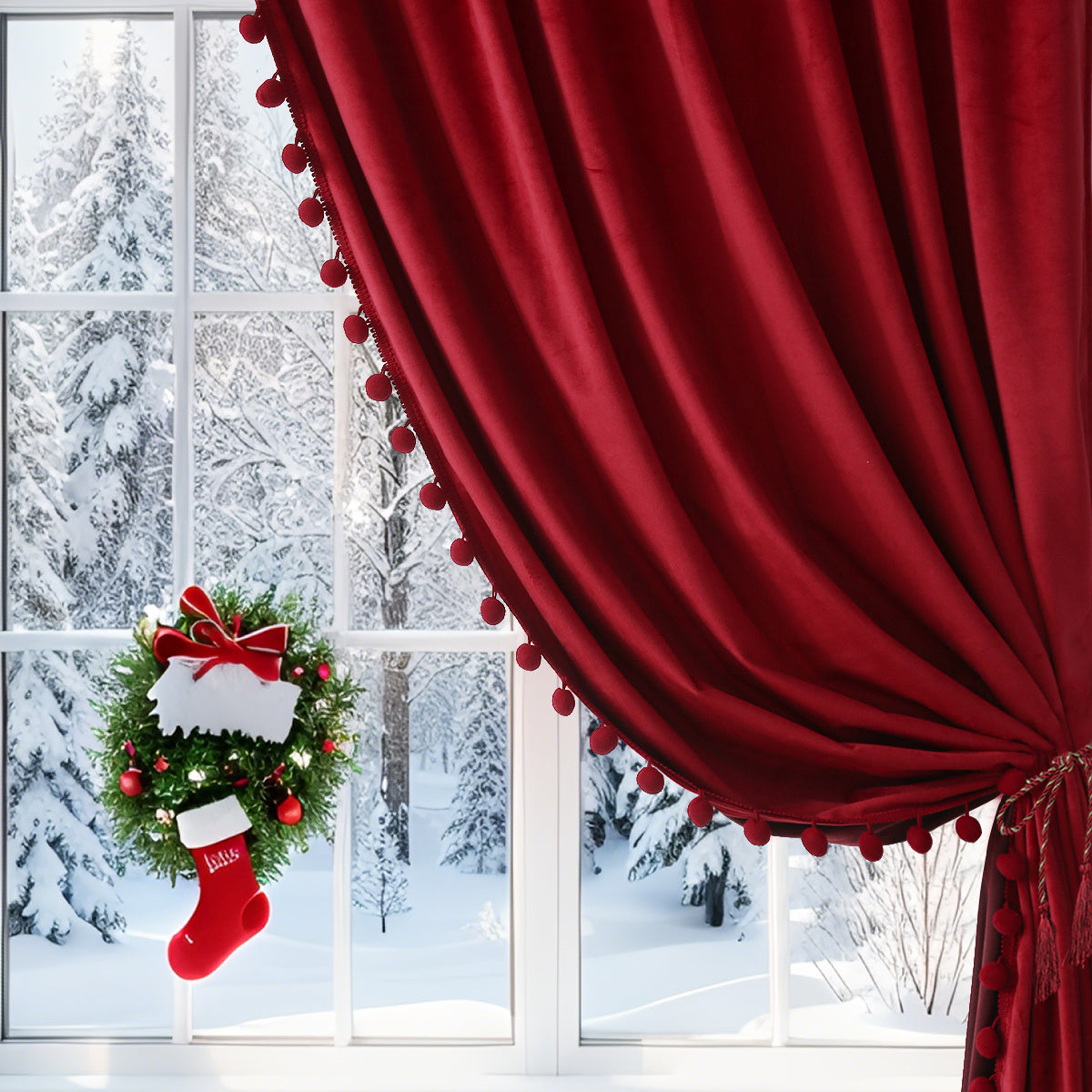 Rideaux de Noël en velours avec pompons 2 pièces rouge ou vert