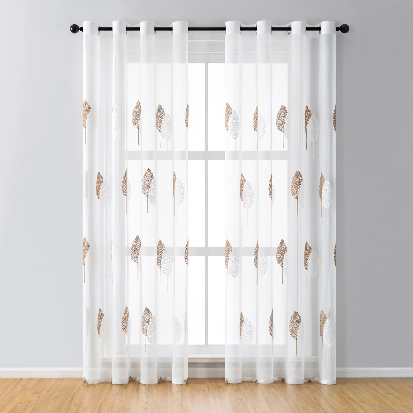 2 Panel Embroidered Leave Voile Window Sheer Curtains