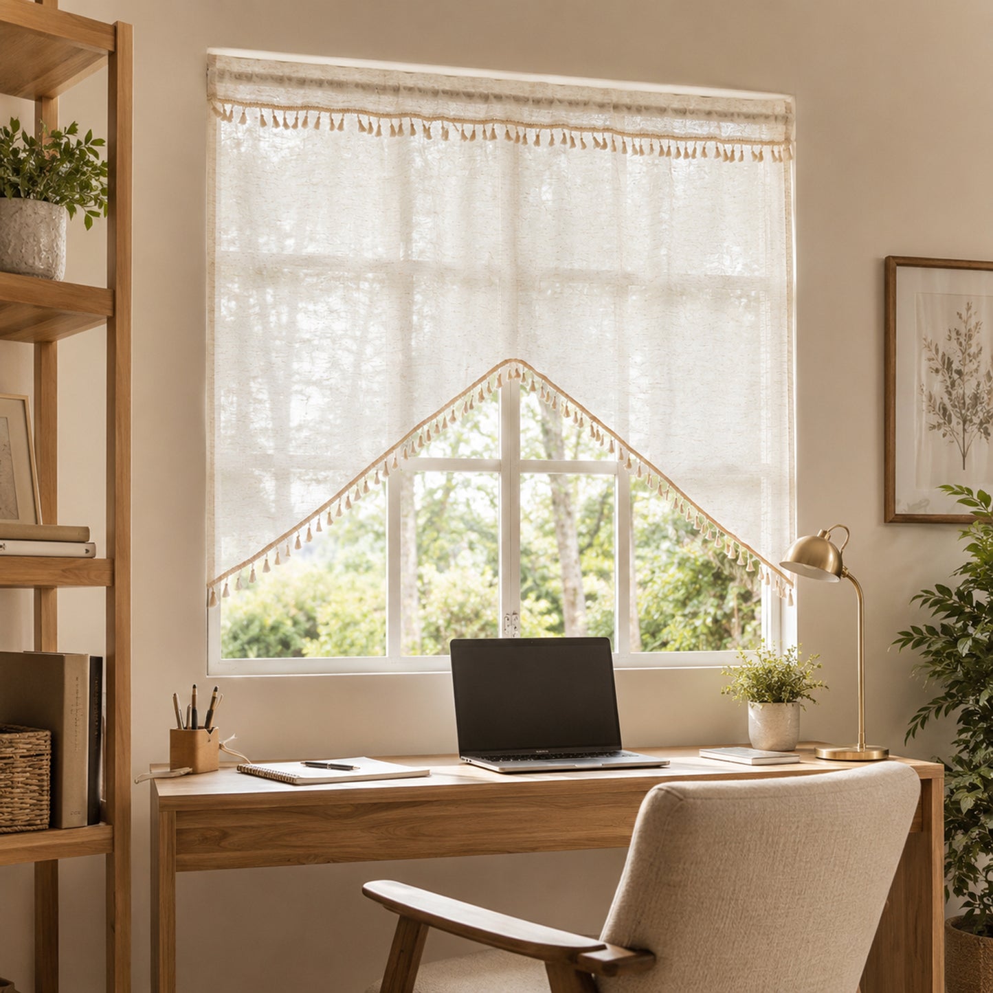 Arched cafe curtain in a linen blend with tassels in a country style