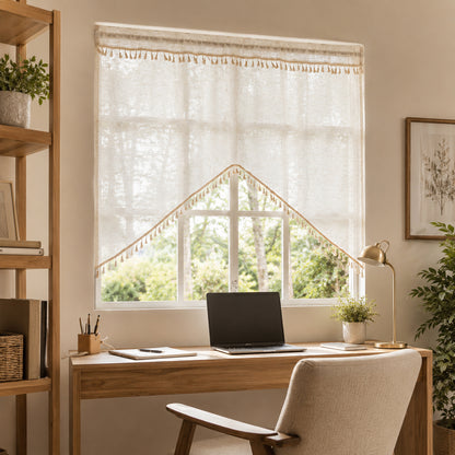Arched cafe curtain in a linen blend with tassels in a country style