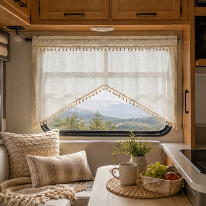 Arched cafe curtain in a linen blend with tassels in a country style