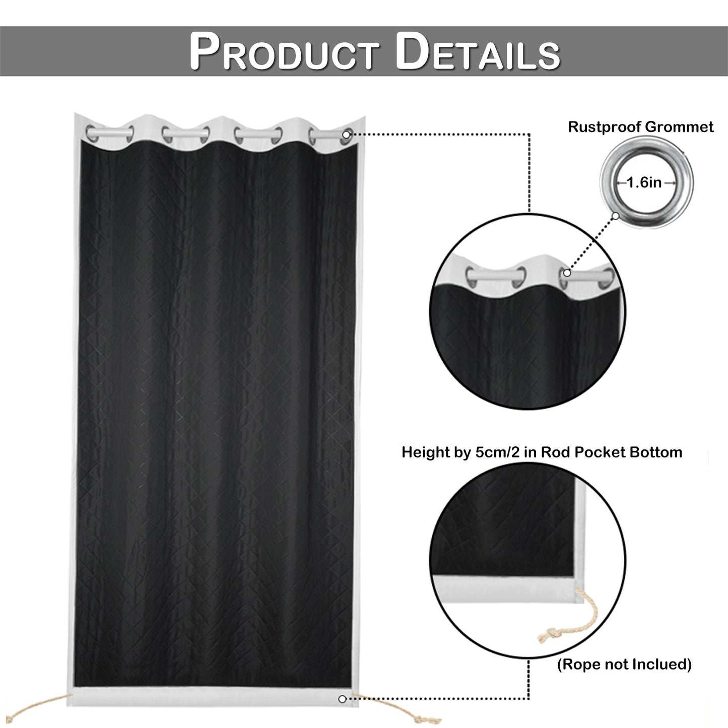 Outdoor Curtain – Waterproof, Windproof and Quilted, 100% Blackout, 1/2 Panel