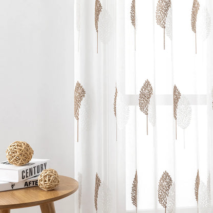 2 Panel Embroidered Leave Voile Window Sheer Curtains