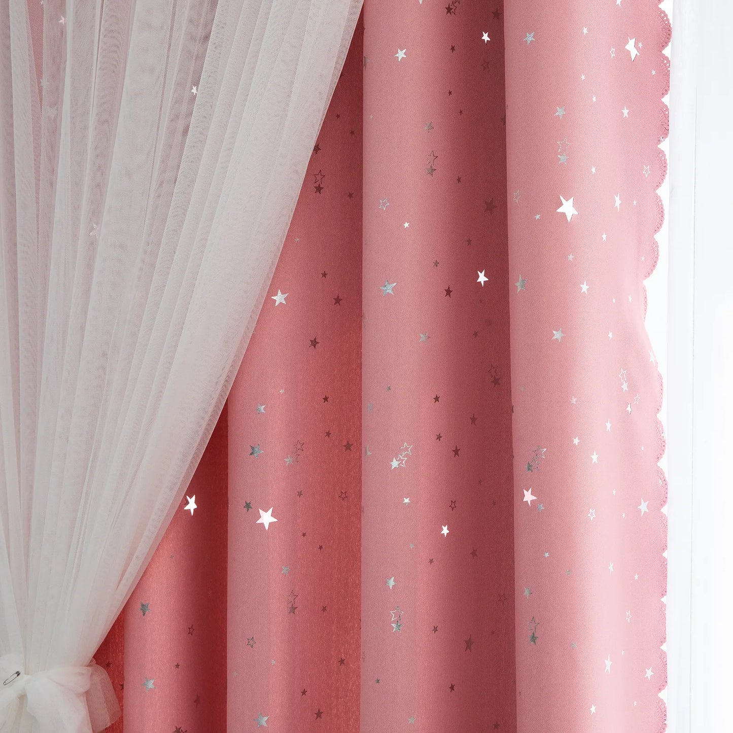 Blackout curtain with double-layered tulle, cut-out stars and silver print – 1 piece