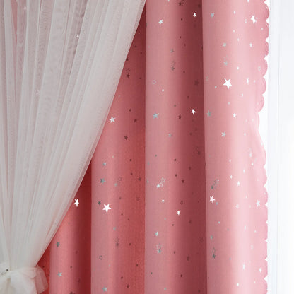 Blackout curtain with double-layered tulle, cut-out stars and silver print – 1 piece