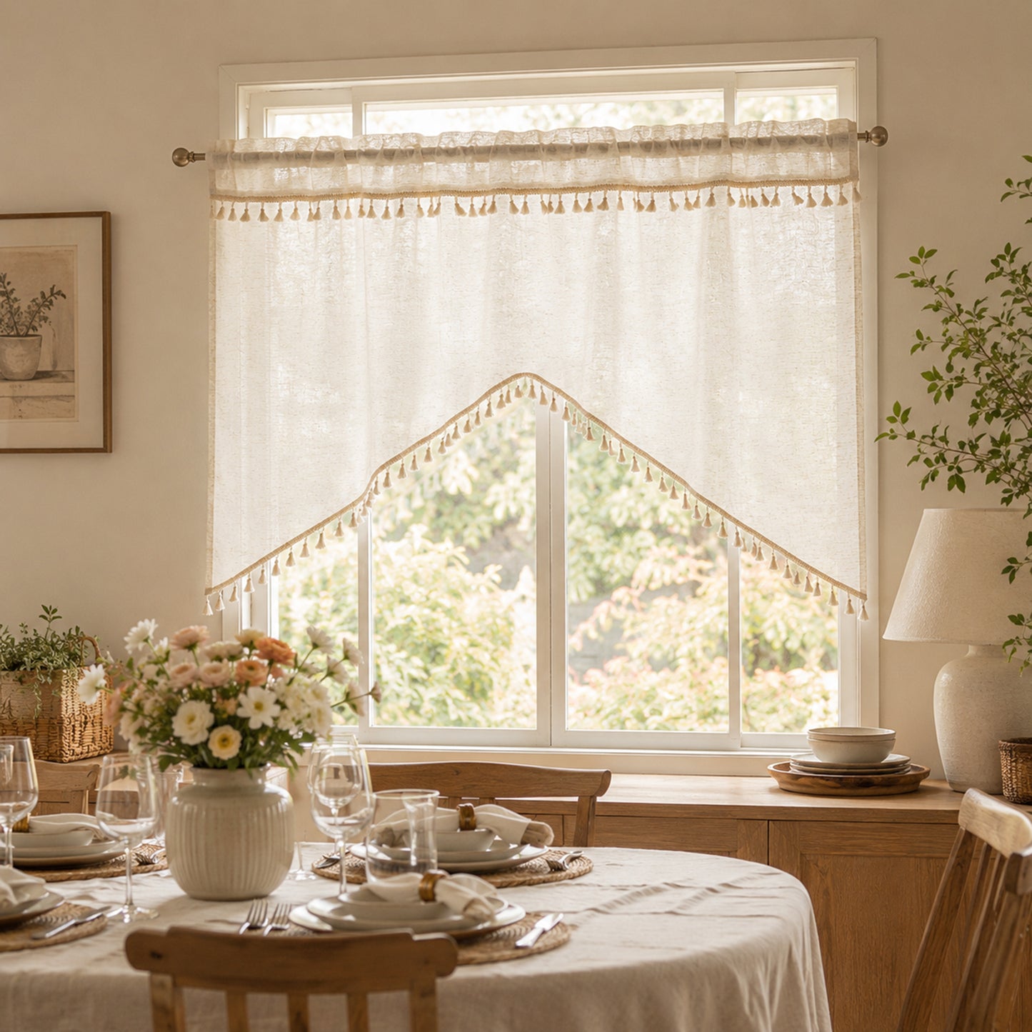Arched cafe curtain in a linen blend with tassels in a country style