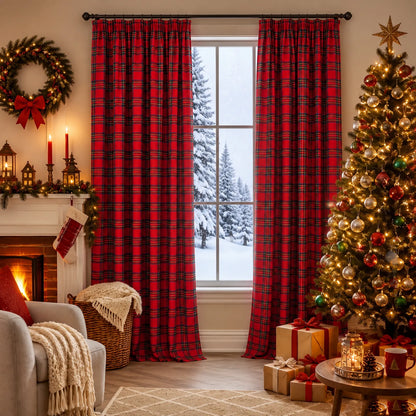 2 rideaux de Noël à carreaux tartan, semi-transparents et avec bande multifonctionnelle