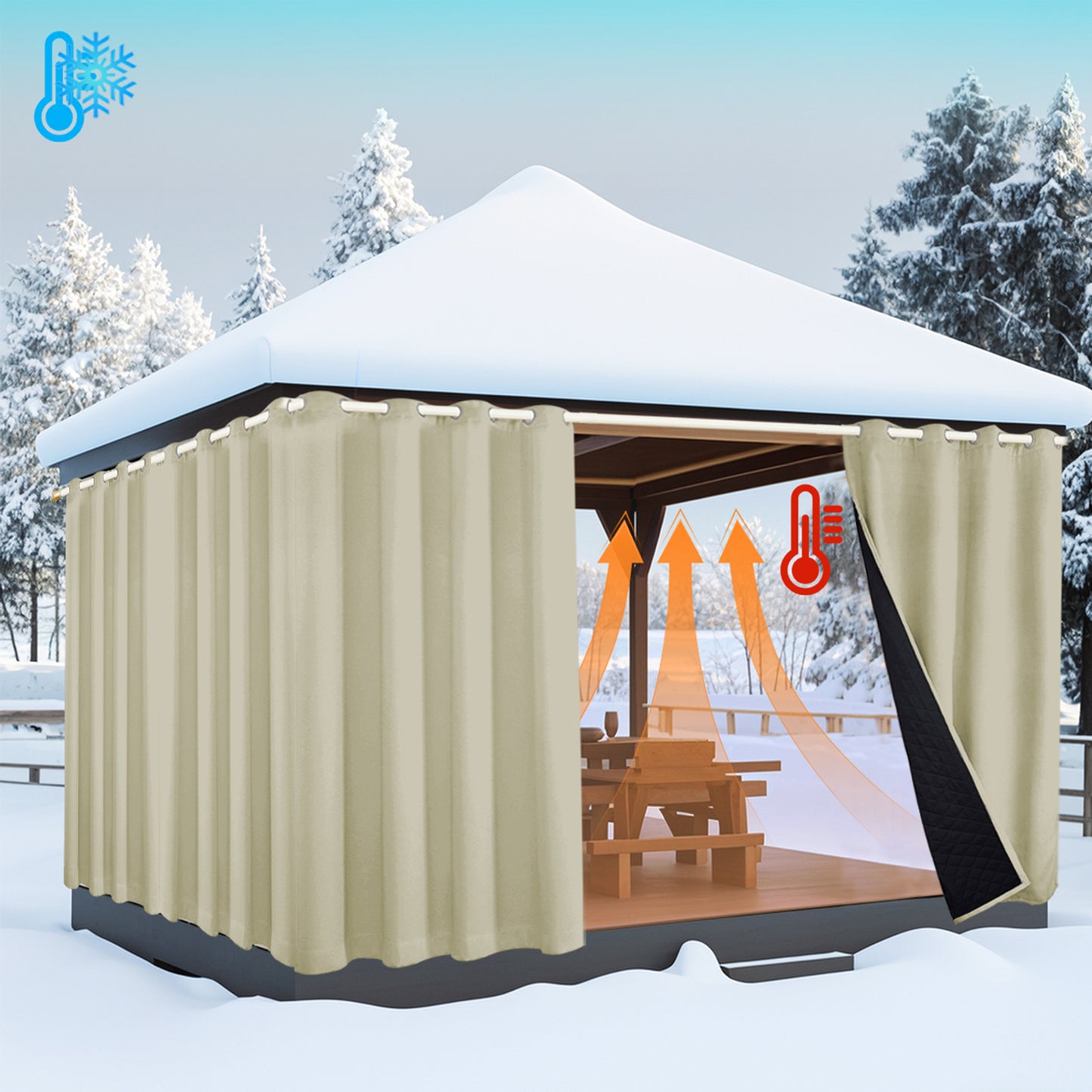 Outdoor Curtain – Waterproof, Windproof and Quilted, 100% Blackout, 1/2 Panel