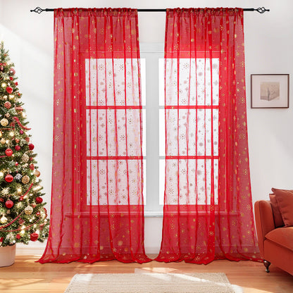 Weihnachtsvorhang Schneeflocken Goldfolie 2er Set Transparente Gardine