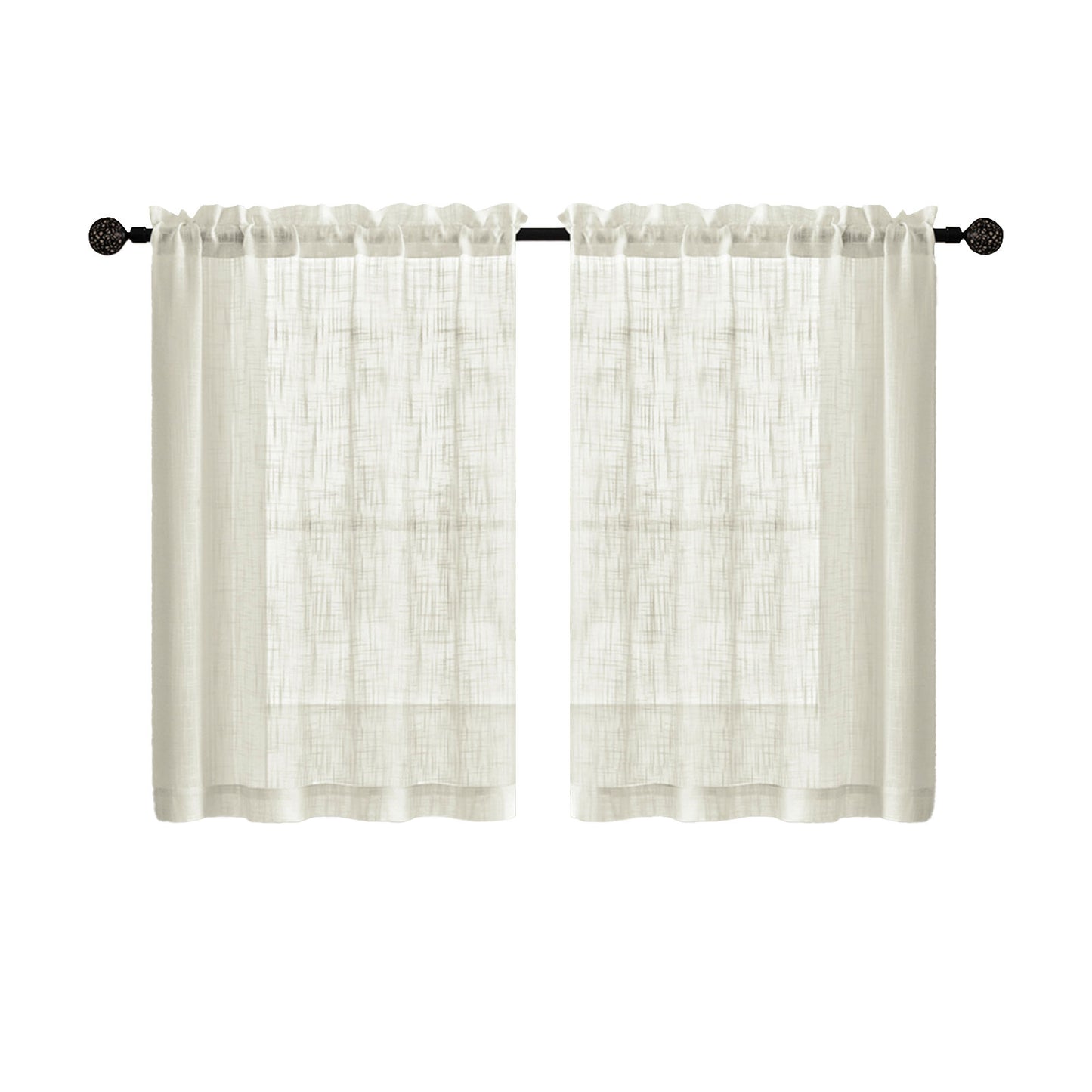 2 Short Linen-Look Sheer Curtains with Rod Pocket for Kitchen Bathroom Window