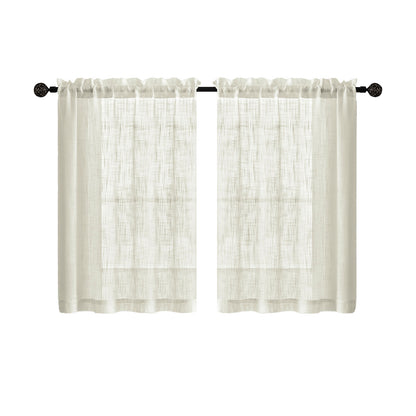 2 Short Linen-Look Sheer Curtains with Rod Pocket for Kitchen Bathroom Window