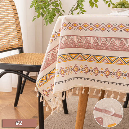 Boho tablecloth with tassels, waterproof, cotton linen, geometric pattern