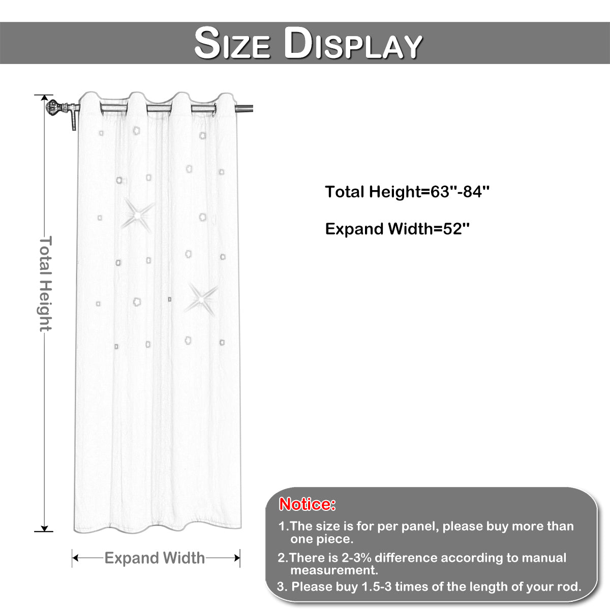Stars Blackout Curtains, 1 Panel, Gray, 132x160cm/132x183cm/132x213cm