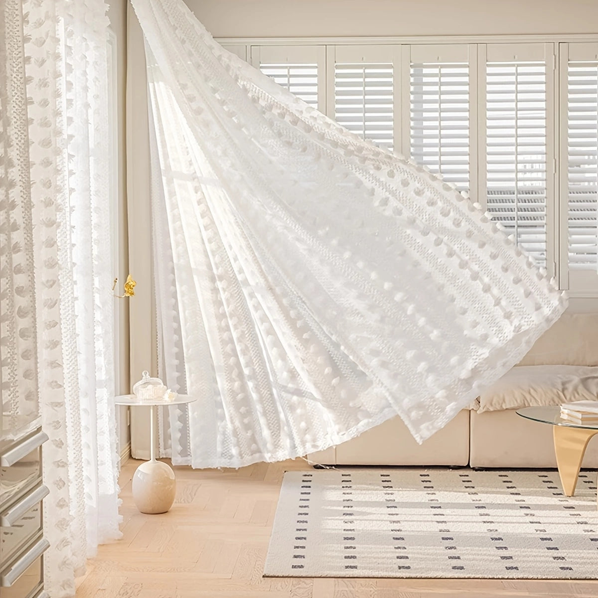 White Pretty Pompom Window Sheer Curtain 1 Panel