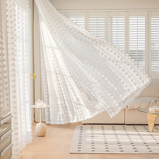 White Pretty Pompom Window Sheer Curtain 1 Panel
