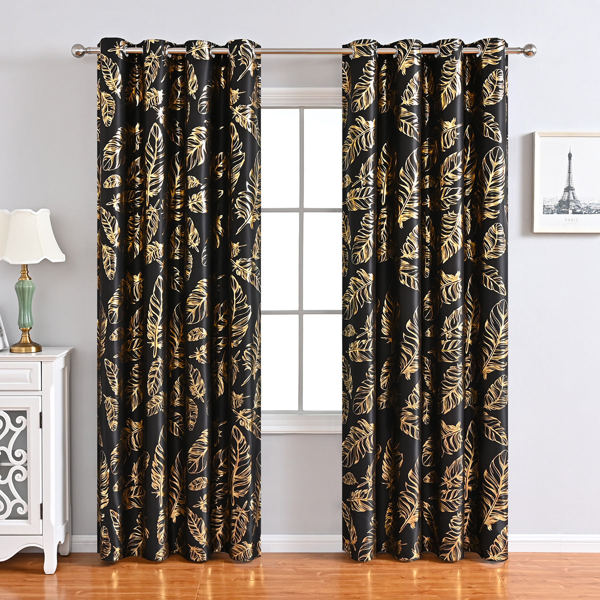 Gold Stamping Feather Curtains, 1 Panel, Black, 100*130cm/100*250cm