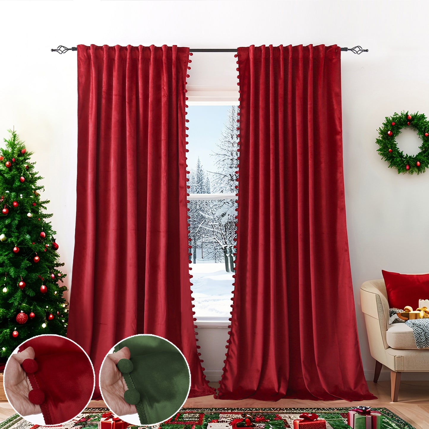 Rideaux de Noël en velours avec pompons 2 pièces rouge ou vert